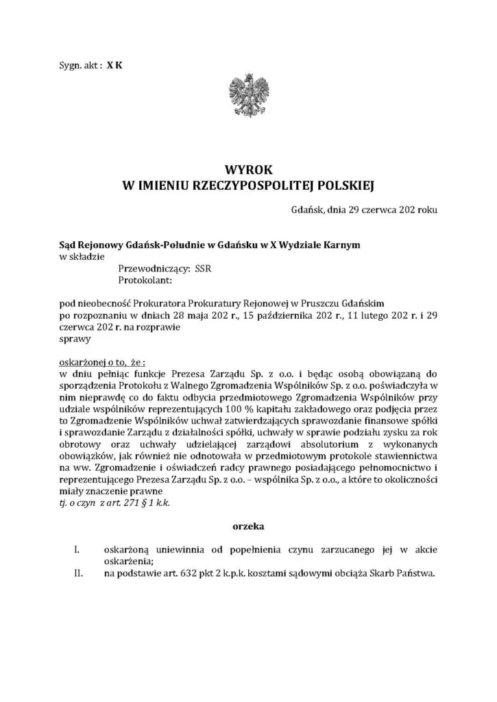 Uniewinnienie w sprawie o fałszerstwo - wyrok