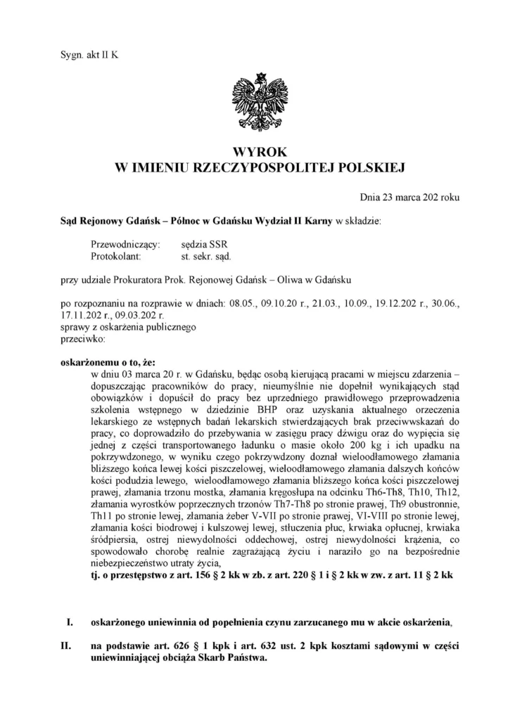 Uniewinnienie w sprawie karnej po wypadku przy pracy